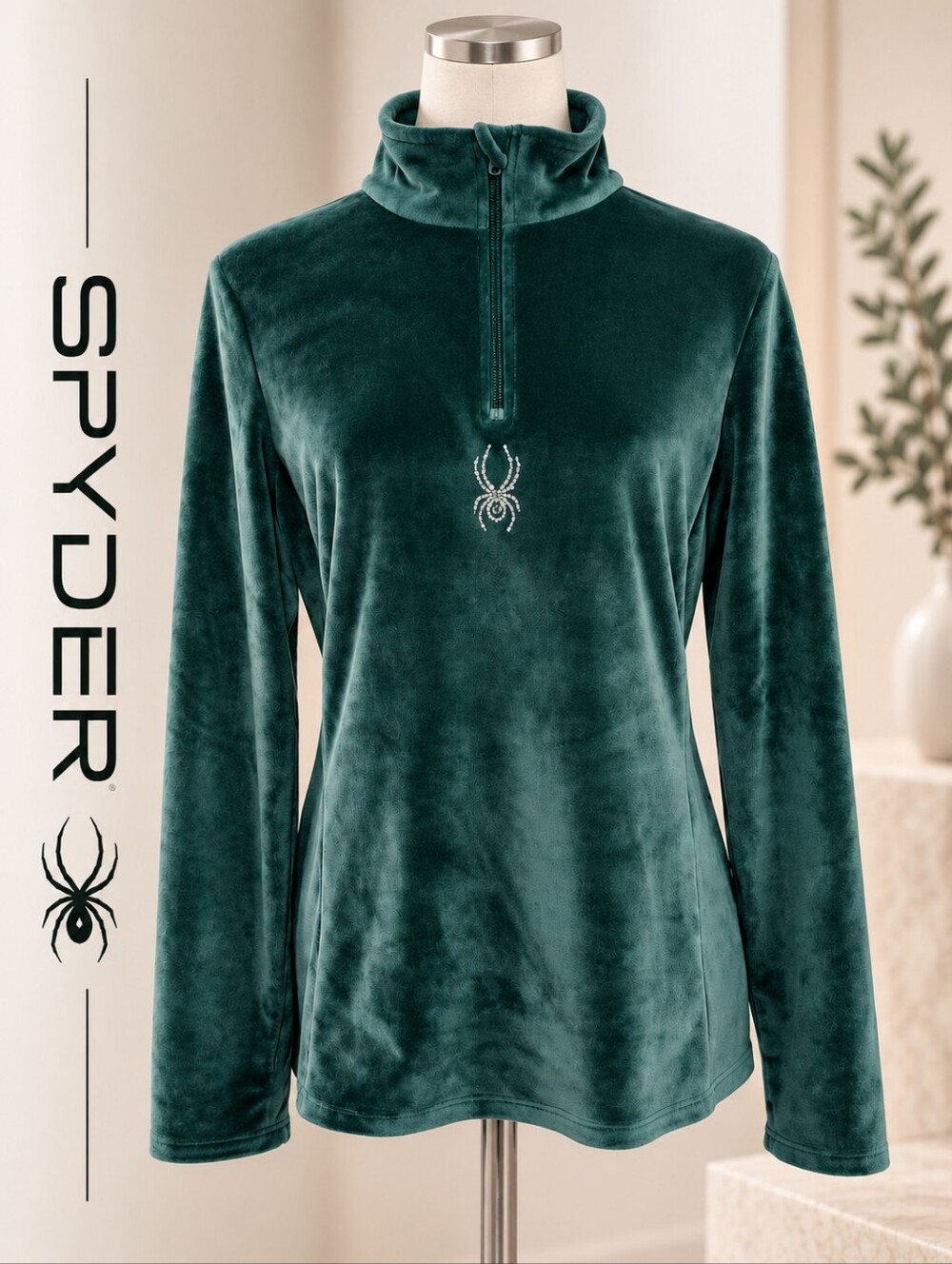 Spyder Green Velour Rhinestone Spider Quarter-Zip Pullover Size Large